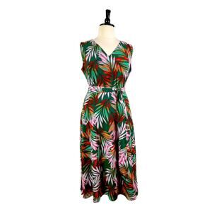 Tahari Maxi Dress V-neck Tie Waist Chiffon Green Tropical Leaf Women’s Size 16